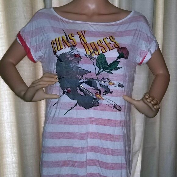 Guns N Roses Tunic Beaded Striped Pink and White Skull Graphic Size Small - Picture 1 of 12